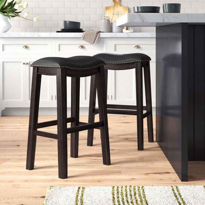 Adjustable Saddle Style Swivel Bar Stool in Black Leather and Wood