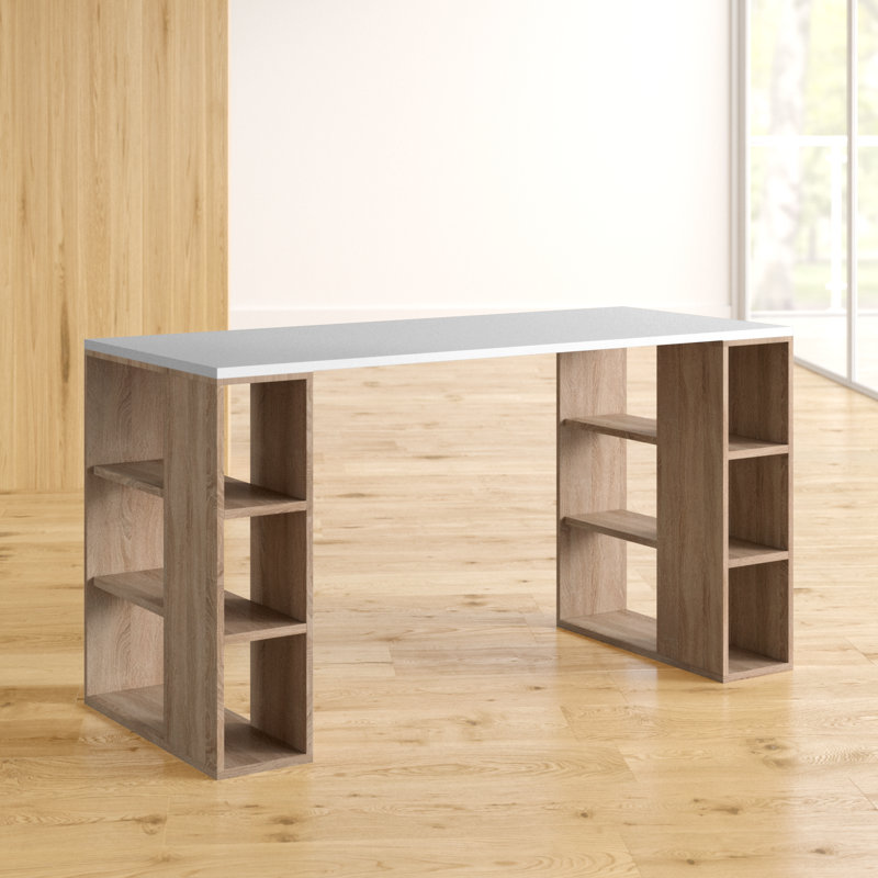 Simone Modern Desk with Built-in Bookcase – Stylish Workspace Desk with 6 Open Shelves, Oak, White, 75"H x 140"W x 60"D 