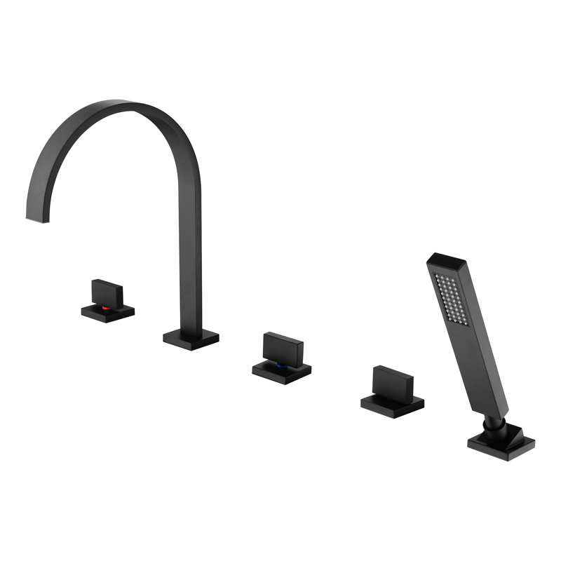Robinet de baignoire minimaliste 5 trous à 3 boutons avec douche à main Sumerain, robinet de baignoire romaine en cascade noir mat, valves à disque en céramique et fabrication en laiton massif
