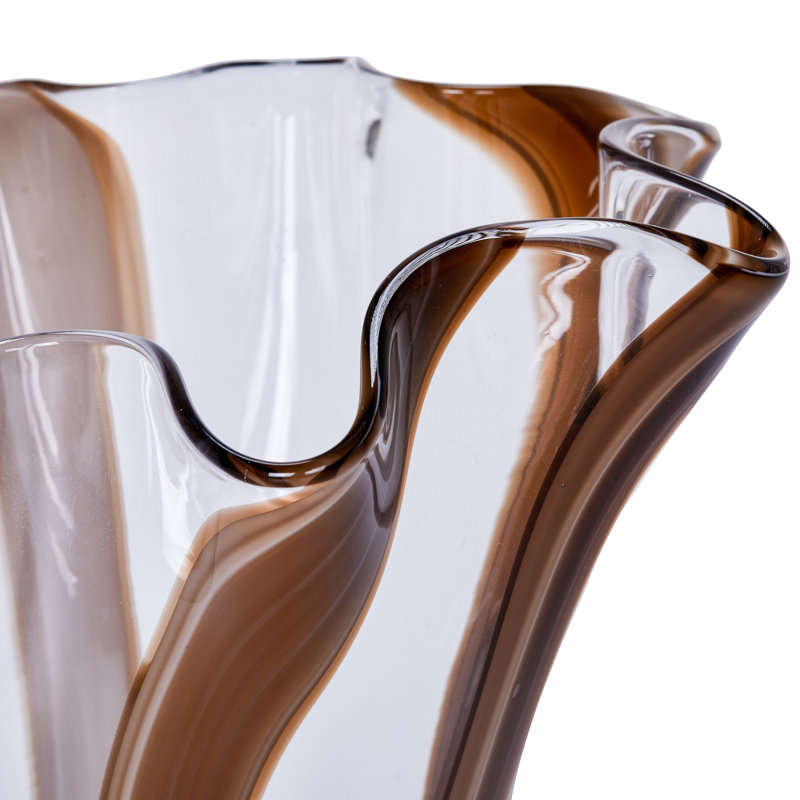  Mia Handblown Ruffled Glass Vase Set--Striped Artistry with Ruffled Rims, Brown, 12" H x 9" D