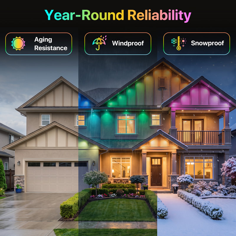 Lumières DEL RVBIC RVB pour l'extérieur permanent, éclairage de toit intelligent avec application, télécommande, commande vocale Alexa et Google, synchro musicale, effets de lumière triangulaires