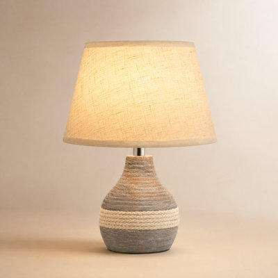 10” H Small Ceramic Cordless Rechargeable Table Lamp with Linen Shade, Remote Control and Timer