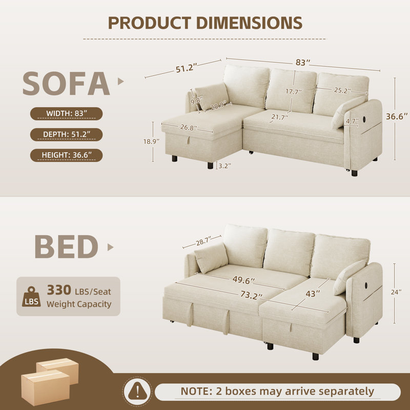 83" L Shaped Storage Sectional Sofa Couch, Pull Out Sleeper Sofa Bed