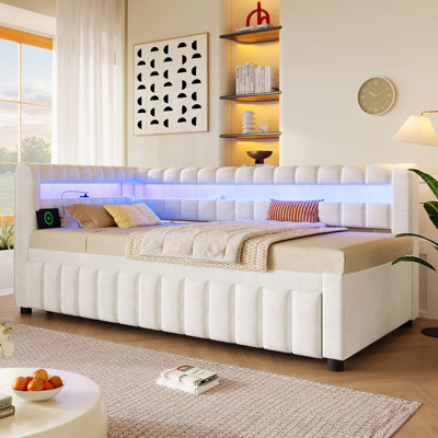 Twin XL to King Size Upholstered Daybed with LED Lights,USB and Pull Out Trundle Bed, White