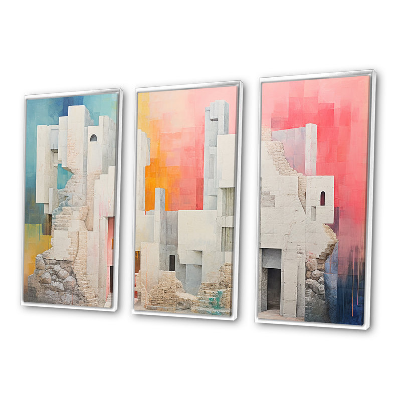Ensemble de décorations murales Bold Pink Pastel Castle I - Châteaux, Cadre flottant blanc, H 32 po x l 48 po x P 1 po