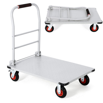 Chariot à plat en acier robuste de 1800 lb, plateforme pliable - Roues en caoutchouc de 6 po pivotantes - Chariot utilitaire pour entrepôt, garage, transport, déplacement - Argent + roues orange