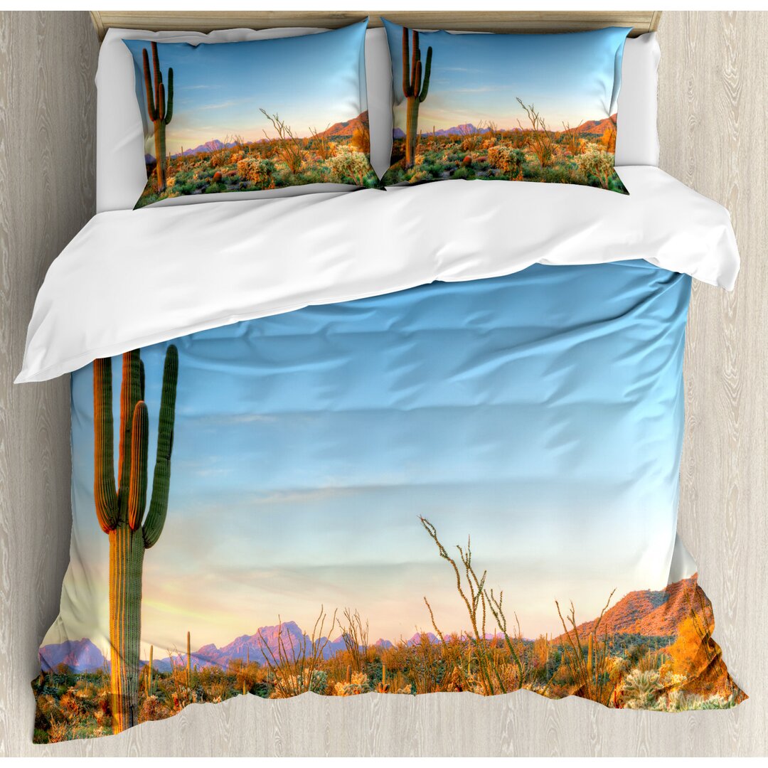 Bettbezug Set, Sonne in der Wüste Kaktus, Saguaro, Orange Grün Blau