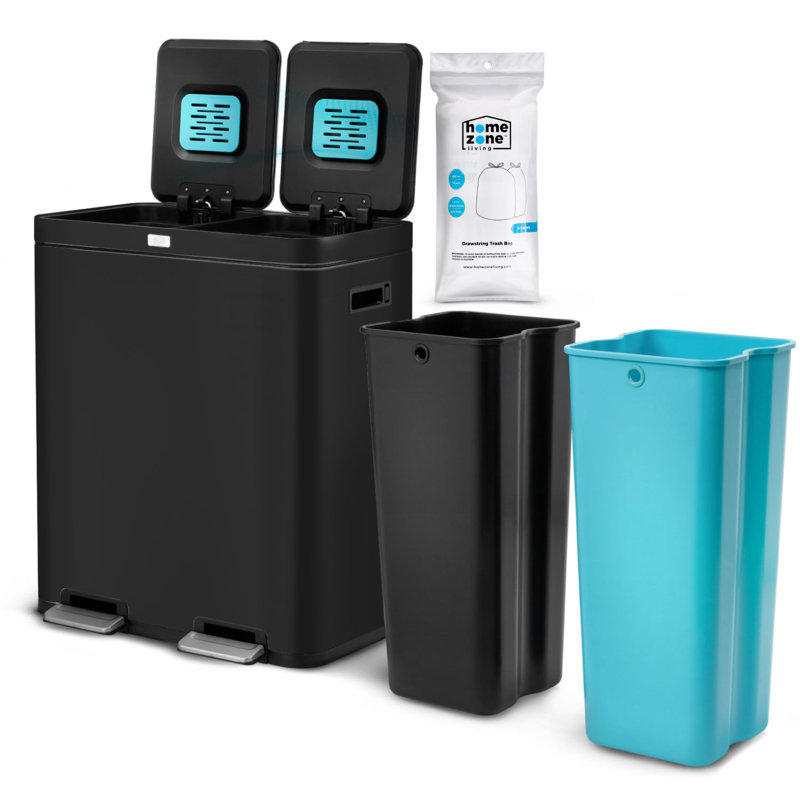 Matte Black 15.8 Gallon Dual Compartment Stainless Steel Kitchen Trash Can
