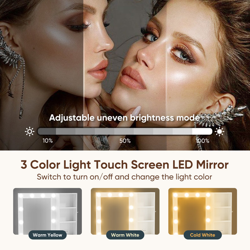 Makeup Vanity Desk With With 10 Light 3 Lighting Modes Brightness And Mirror And Power Outlet, White