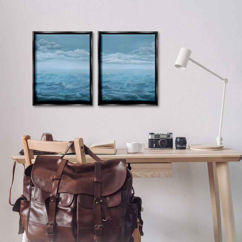  «Clouds over Rough Sea Waves», ensemble de 2 toiles flottantes encadrées par Grace Popp, Cadre flottant noir de jais