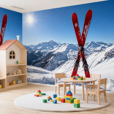 Paire de papiers peints et adhésifs muraux rouges croisés enneigés montagneux auto-adhésifs, papier contact amovible, décoration murale pour salon, chambre à coucher H 100 po x l 144 po