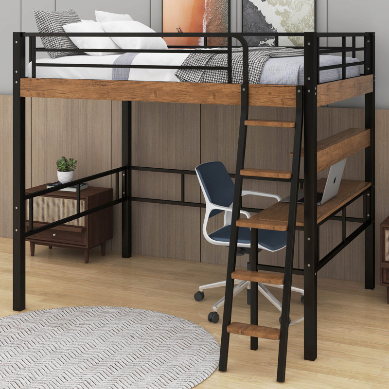 Lit mezzanine en métal avec bureau intégré et tablette Marthvale, Double