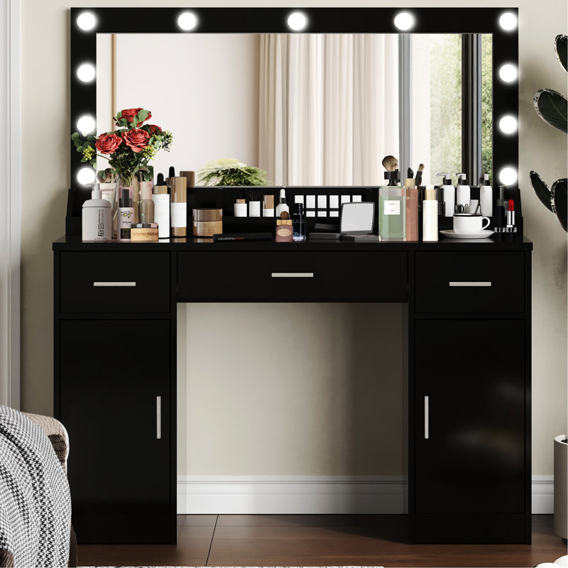 Bureau de meuble-lavabo avec 3 modes d'éclairage couleur, luminosité réglable, tiroirs et 2 armoires verticales, 47,04 po, noir, panneau de particules, installation rapide, meuble-lavabo de 47,04 po, tiroirs, installation facile, rangement