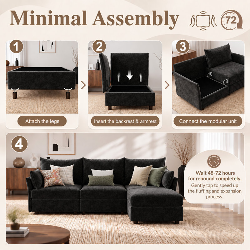 Canapé modulaire réversible de 68 po de large Merchelle avec repose-pieds en tissu chenille de qualité supérieure