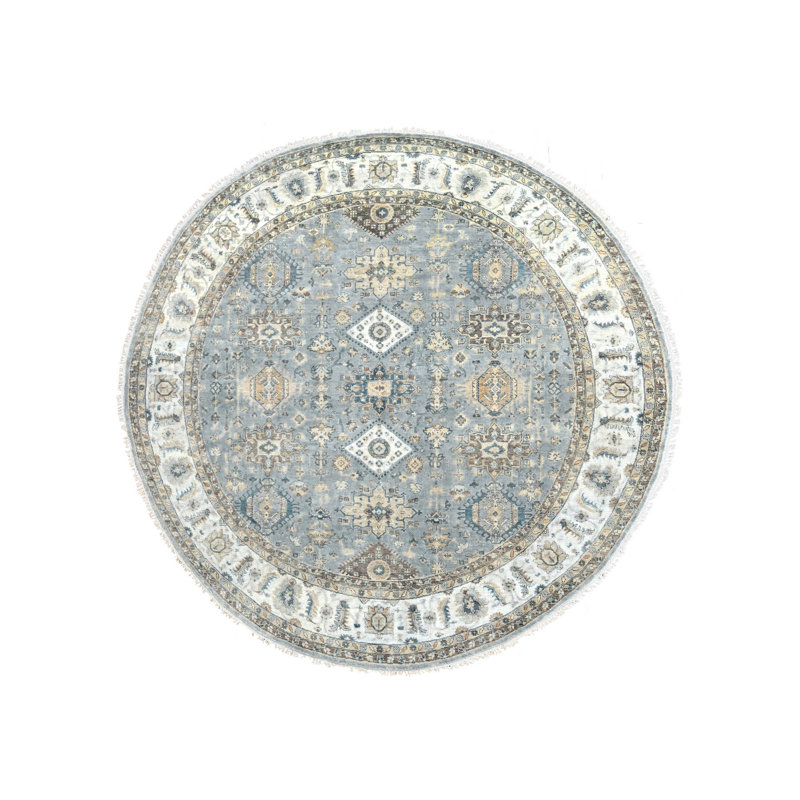 9'x9' Blue Grey Hand Knotted Karajeh Design Wool Round Oriental Rug AB993CAC81D24FB5A822FCC3F1C305A7
