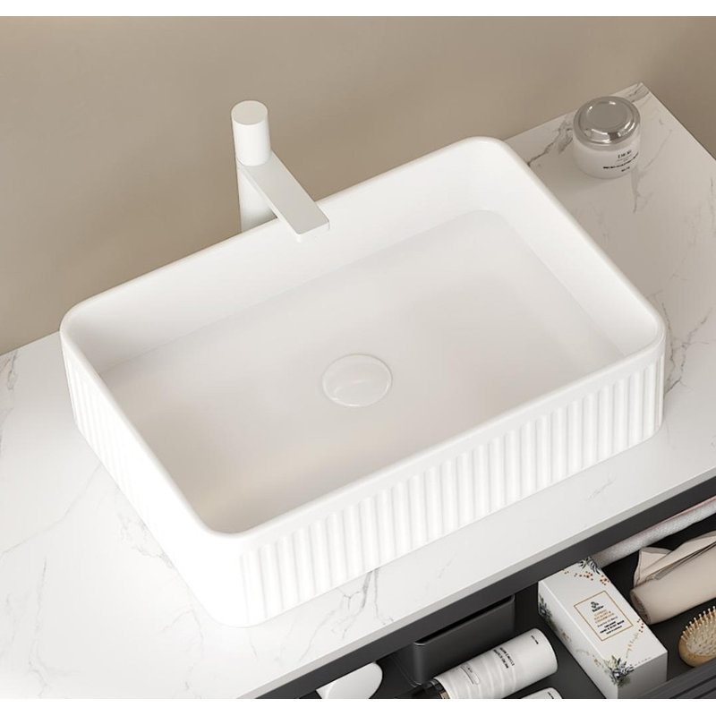 20-Inch Rectangular Striped Vessel Ceramic Bathroom Sink - Faucet & Cabinet Not Included., White