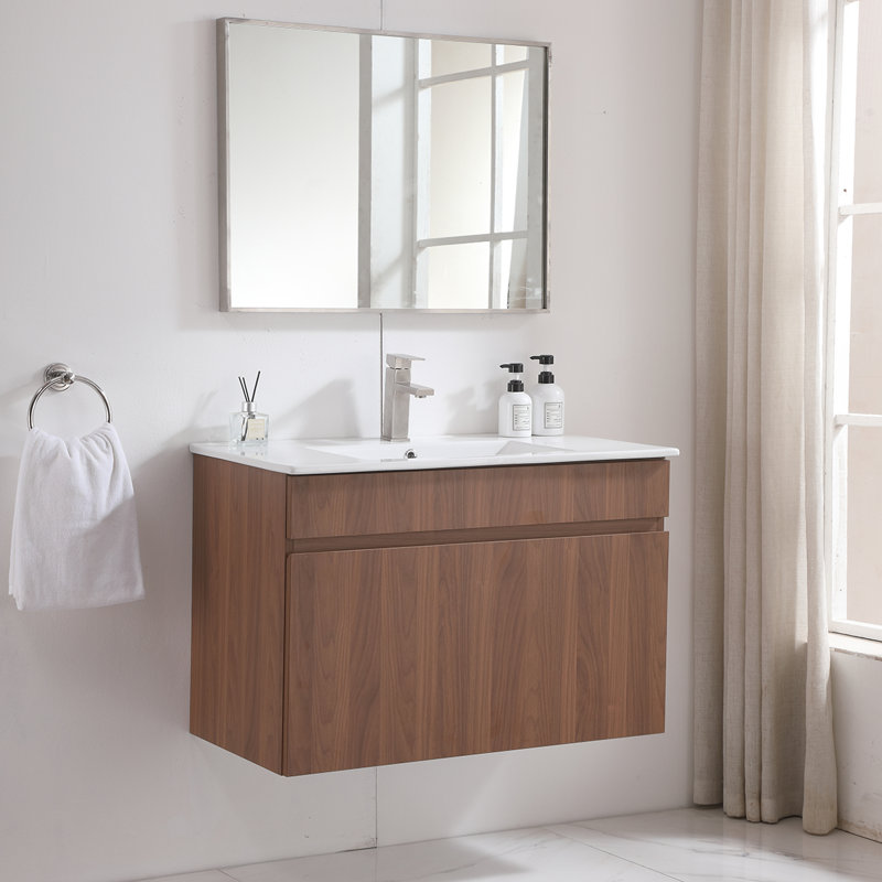 Euan 36'' Walnut Modern Wall Mounted Single Bathroom Vanity with Ceramic Sink