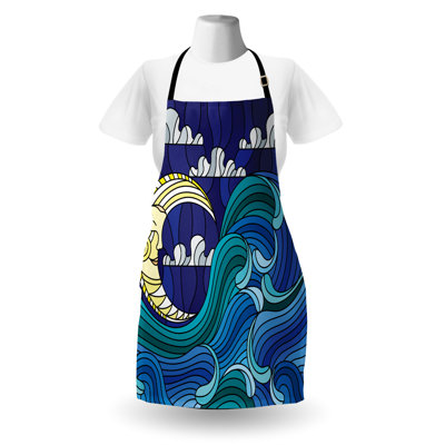 East Urban Home Night Ocean Apron Unisex Crescent Moon and Waves Adult Size Dark Violet Teal Blue
