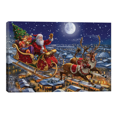 Santa Sleigh And Reindeer In Sky by Marcello Corti - Wrapped Canvas Painting
