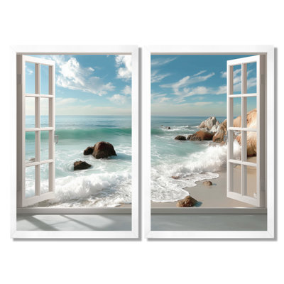 «Coastal Crystal Silence Windows Landscape - Coastal Windows», art mural encadré blanc 2 pièces