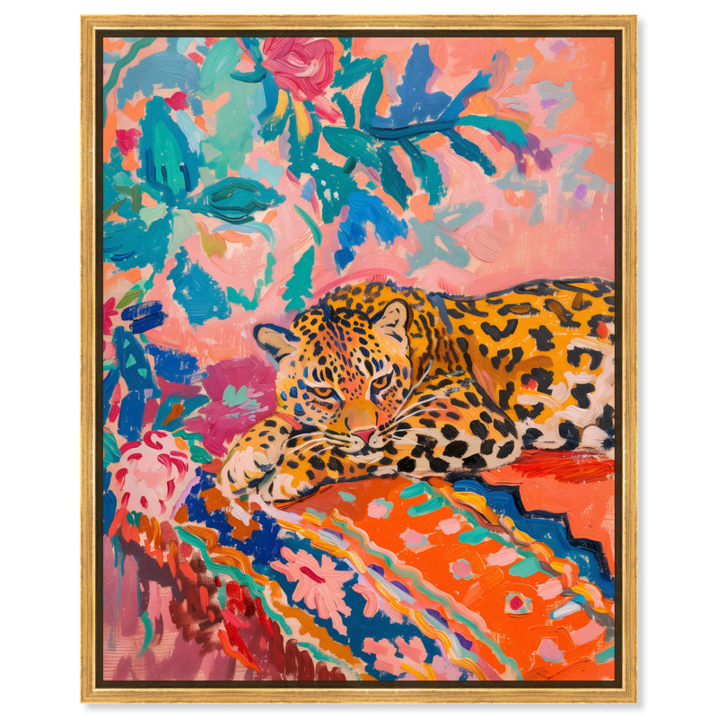Jungle Cat in Color Canvas, art maximaliste par Art Remedy, H 46 po x l 37 po, Cadre flottant doré