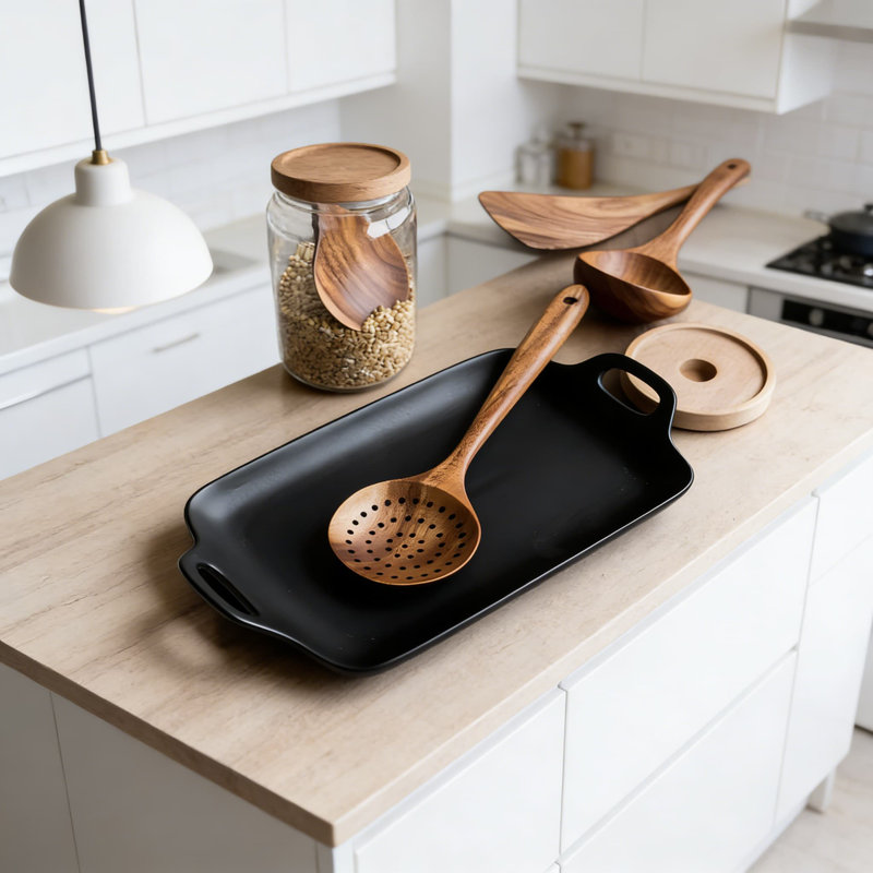 Ensemble d'ustensiles de cuisine en bois de teck 6 pièces avec support - Outils de cuisine antiadhésifs pour mélanger, mélanger et retourner
