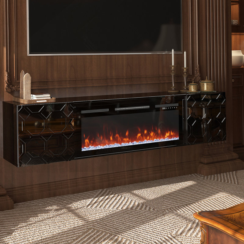 67 In. Black Media TV Stand In High Gloss Paint MDF(not include electric fireplace), No, Black