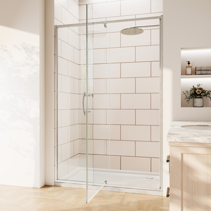 Porte de douche pivotante avec cadre en verre trempé transparent de 44 po à l 48 po x H 71 po, Nickel brossé
