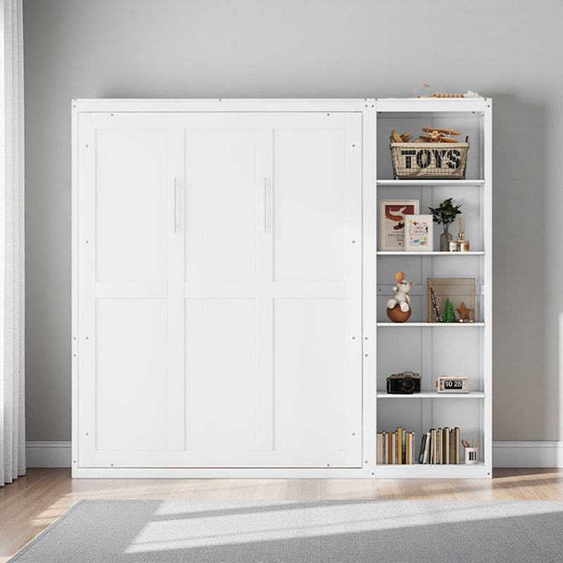 Lit escamotable double pleine grandeur avec tablettes, Blanc
