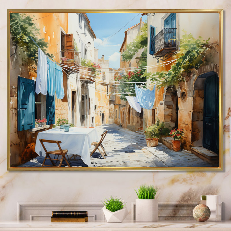 Jour de lessive en Italie I - Art mural, H 16 po x l 32 po x P 1 po, Cadre flottant doré