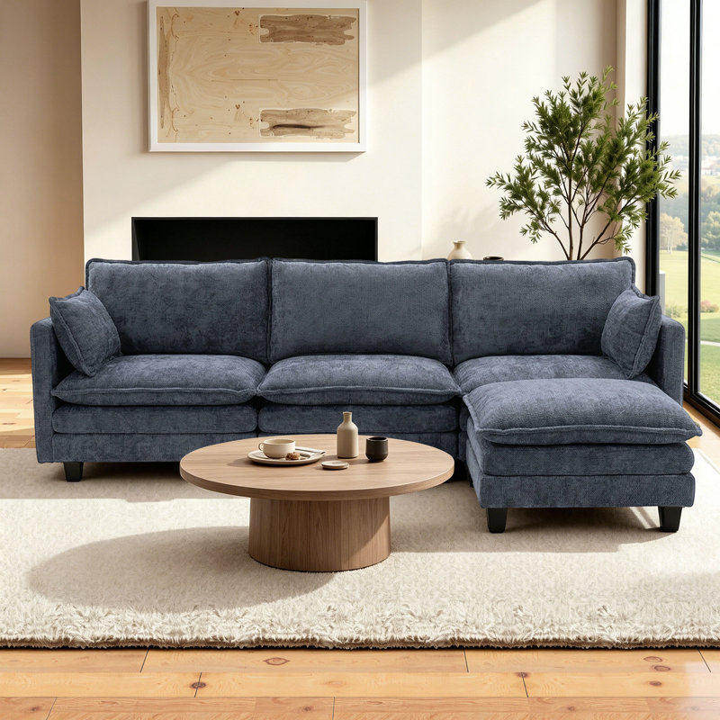 110.4'' Wide L-Shaped Living room sofa, Modular Sectional Sofa, 4 Seater Sofa Comfy Cloud Couch Chenille Upholstered Sofa with Ottoman,Built-in USB Port,Blue-gray