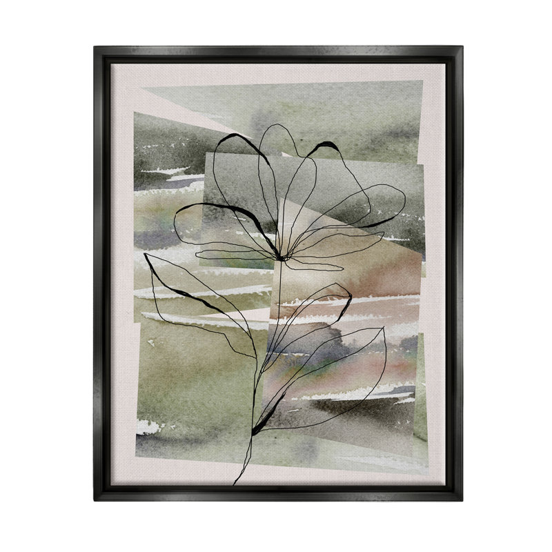 Contour de fleur sur fond vert sur toile, H 21 po x l 17 po, Cadre flottant noir de jais