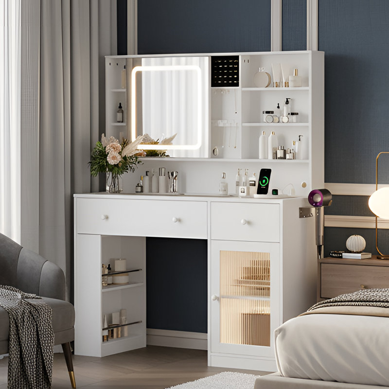 Lighted Vanity Table - LED 3-Color Touch Mirror, Glass Top, 2 Drawers, White