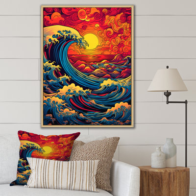 Majestic Sunset Wild Waves Breaking Retro Art I - Coastal Waves Wall Art Living Room