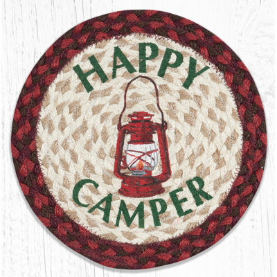  Happy Camper Round Trivet 10"x10" – Hand-Braided Jute, Rustic Campfire Accent