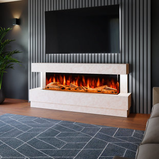 Raphael Freestanding Electric Fireplace Suite | Textured Stone Effect | 1500mm 3-Sided Led Electric Fire with Panoramic Flame | Remote & App Control | Led Side Lighting