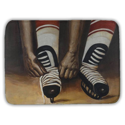 Hockey player ties his skates Bath Mat with Non-Slip Backing - Quick Dry Memory Foam Bathroom Rug - Absorbent - Modern Plush Spa-Style - Machine Washable