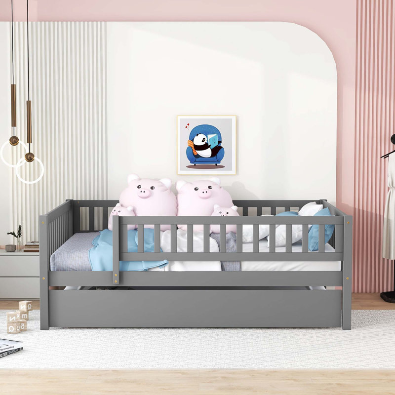 Wood Daybed With Trundle And Fence Guardrails, Gray, Full/Double