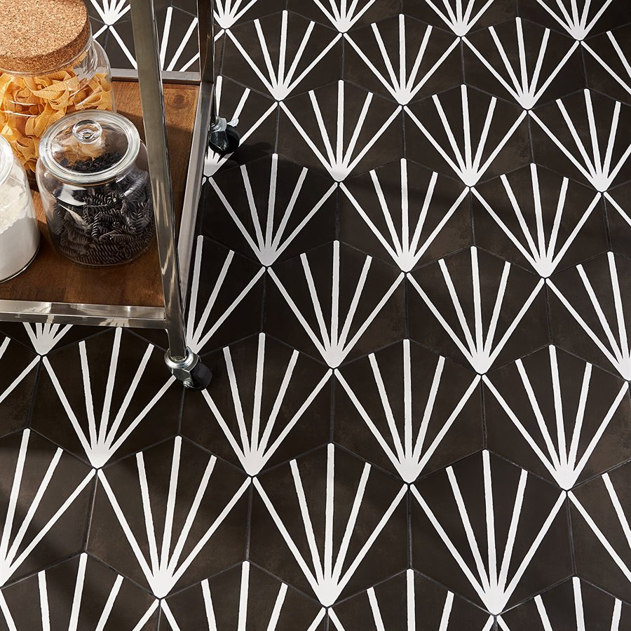 GeoHex Deco 8" Porcelain Tile, Black
