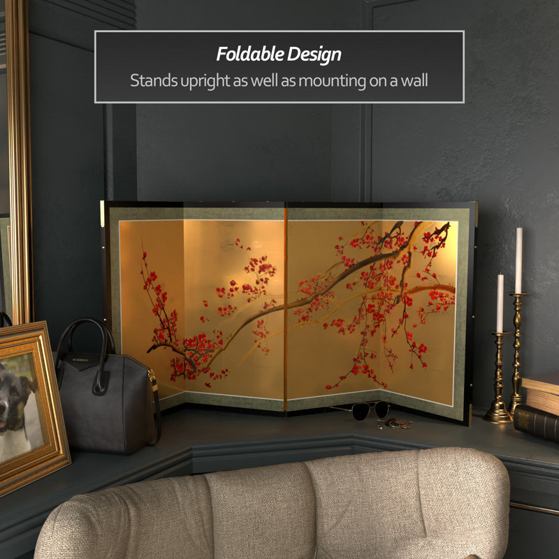 24" Plum Tree on Gold Leaf 4 Panel Room Divider, 36" H x 72" W x 1" D