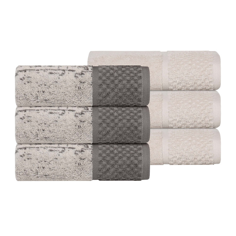 Lodie Cotton Plush Soft Absorbent Jacquard Solid and Two-Toned Hand Towel Washcloth, Ivory/Charcoal