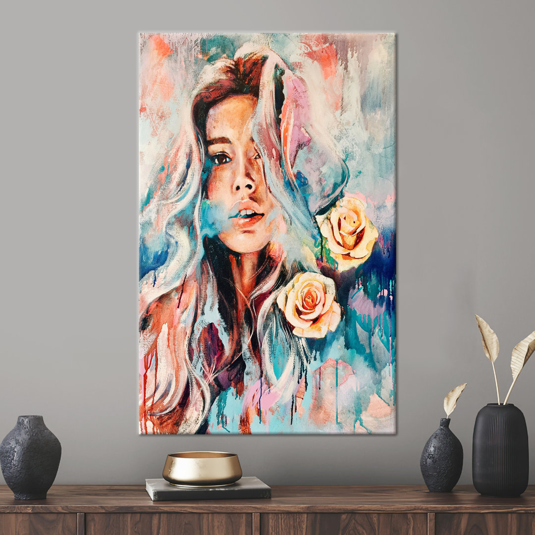 Abstract Colorful Art Canvas of a Woman with Floral Design for Wall Decor - Rose and Flower Theme