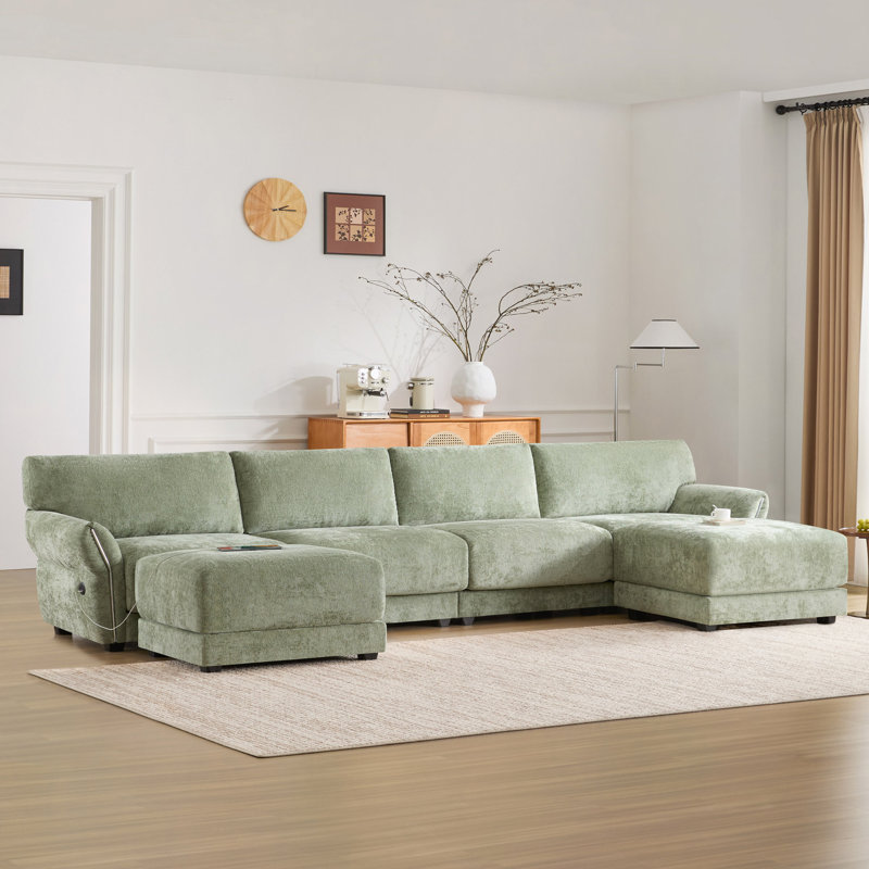 Canapé modulaire de 142 po, forme de U avec coussin de siège extra large, chargeur USB et de type C, conception d'accoudoir pétale, mousse haute densité, repose-pieds à mouvement libre, structure en bois, chenille, 6 sièges