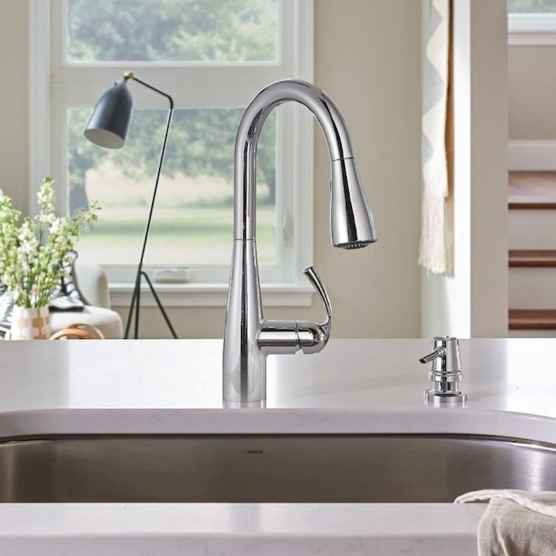 Moen Essie Pull-Down Kitchen Faucet with Power Clean Technology and Soap Dispenser, Chrome