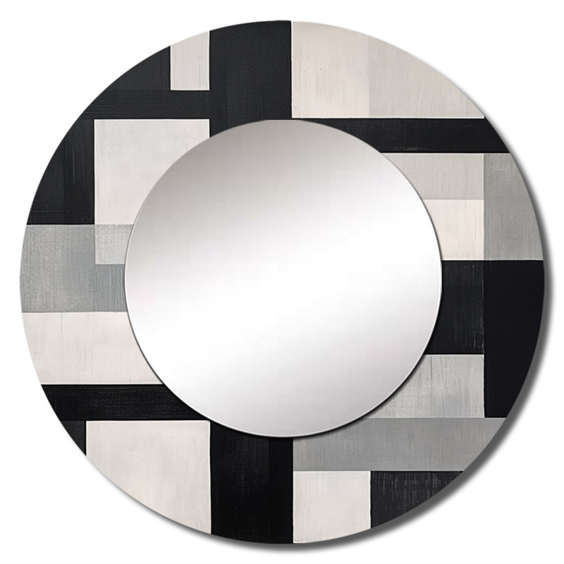 Samarea noir et blanc Cuboids Dream I - miroir de formes abstraites, miroir mural rond unique moderne, art imprimé en métal