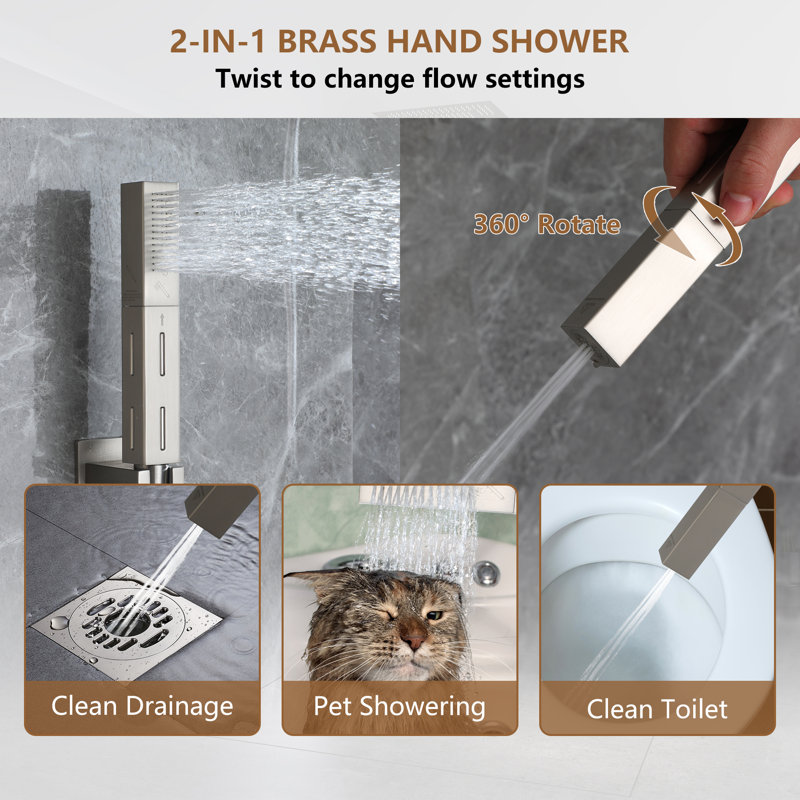 Brushed Nickel Square LED Rain Shower System with Handheld and Bluetooth Speaker