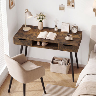 Computer Desk with Drawers, Open Storage Compartment for Small Spaces, Office Rustic Brown