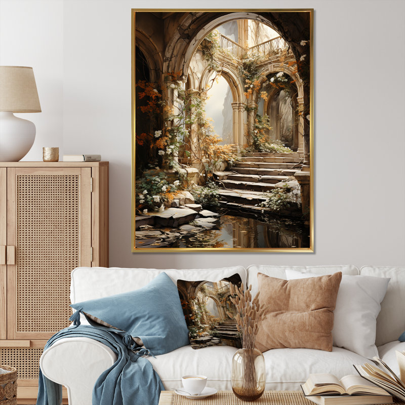 Ruines anciennes Blooms III - Art mural fantastique, Cadre flottant doré, H 32 po x l 24 po x P 1 po