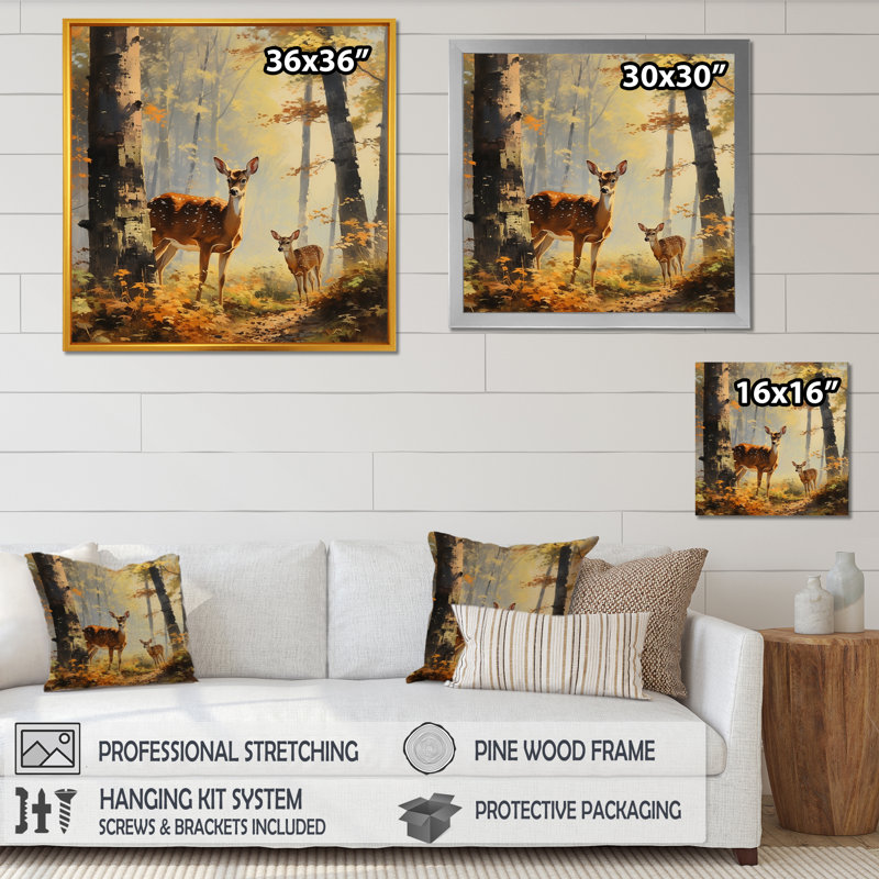 Art rétro de bois de cerf - art mural animal cerf, Cadre flottant doré, H 36 po x l 36 po x P 1,5 po