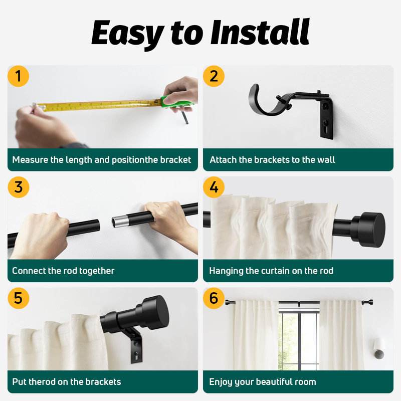 228cm Straight Wall Shower Curtain Pole, Black